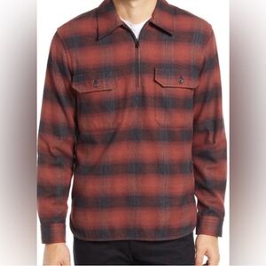 VINCE MENS TONAL RED BLACK QUARTER ZIP COTTON PLAID JACKET LAYER TOP